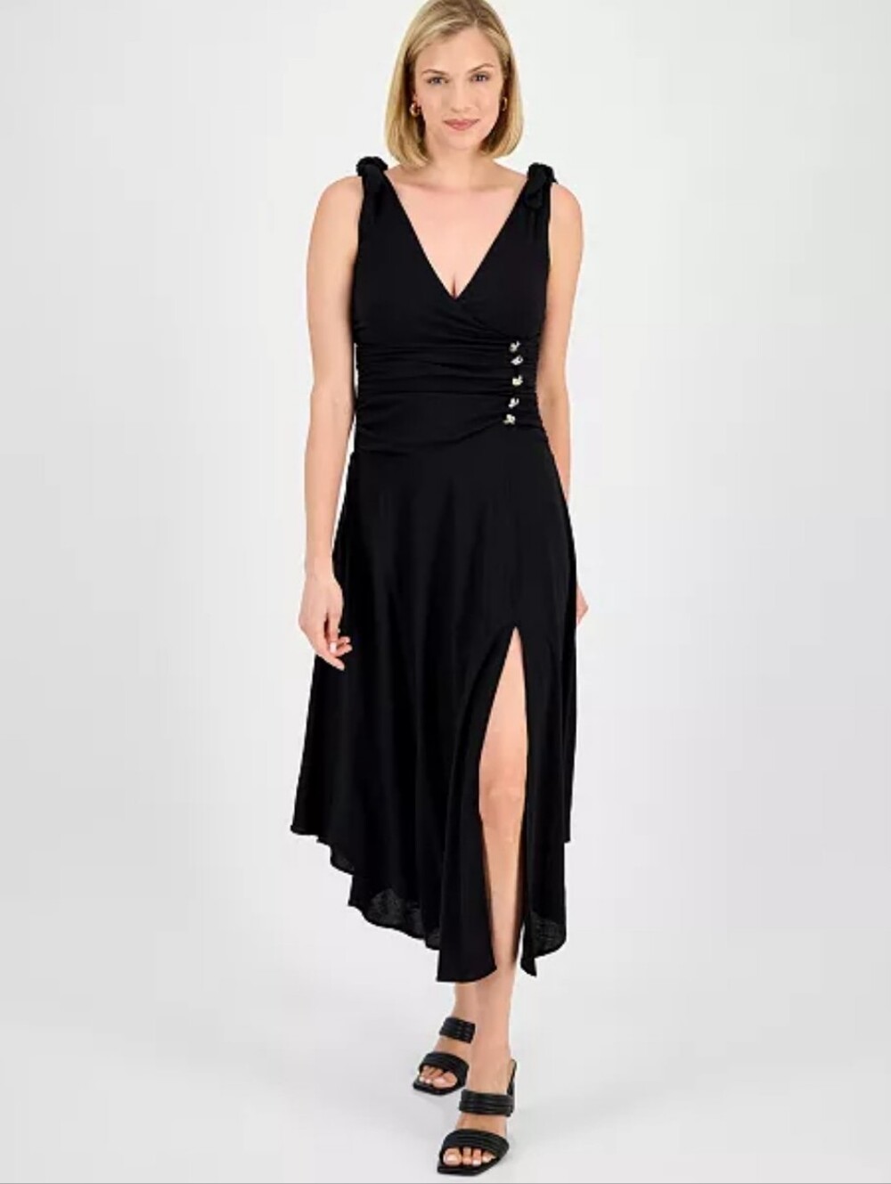 NWT Rachel Roy Size 2 Black Ruched Plunge V-Neck Midi Dress Gold Hardware $159